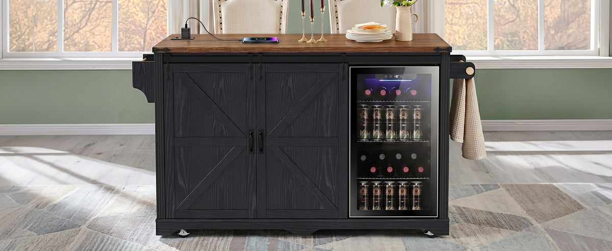 K&K 72" Farmhouse Kitchen Island with Fridge Storage