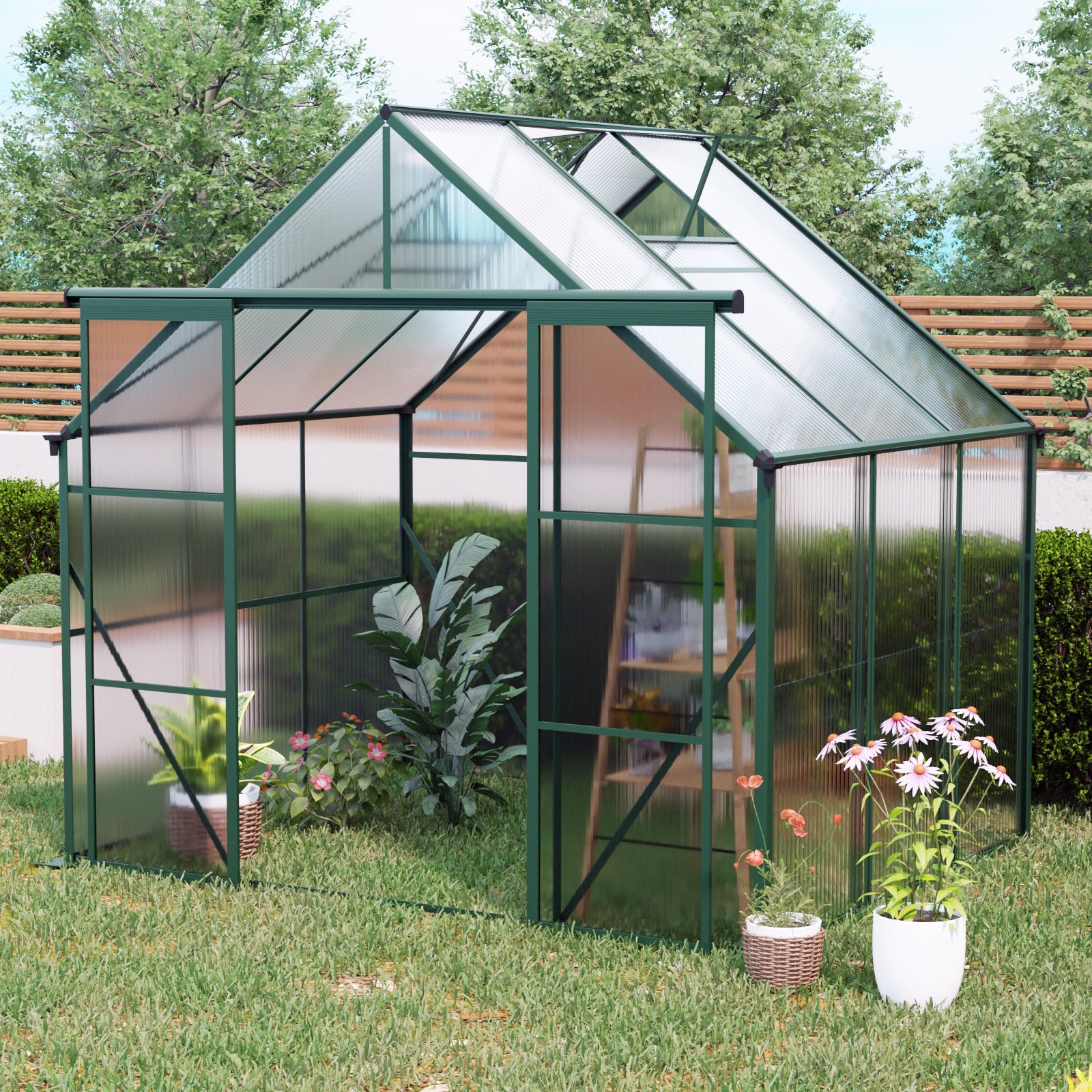 Green Double Door Polycarbonate Greenhouse - 8x6ft