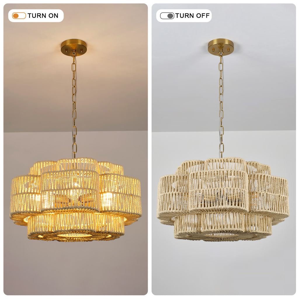 21.65-Inch 2-Tier Paper Rope Chandelier, Black Metal, 6-Light Pendant
