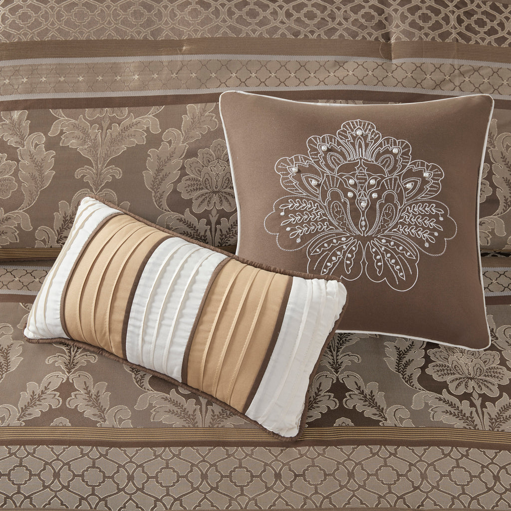 7 Piece Jacquard Comforter Set Brown/Gold King