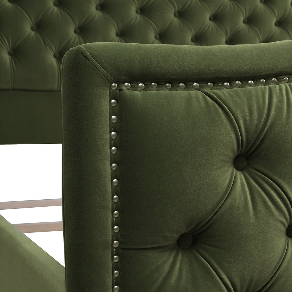 Marcella Upholstered Shelter Headboard Bed Set, King, Olive