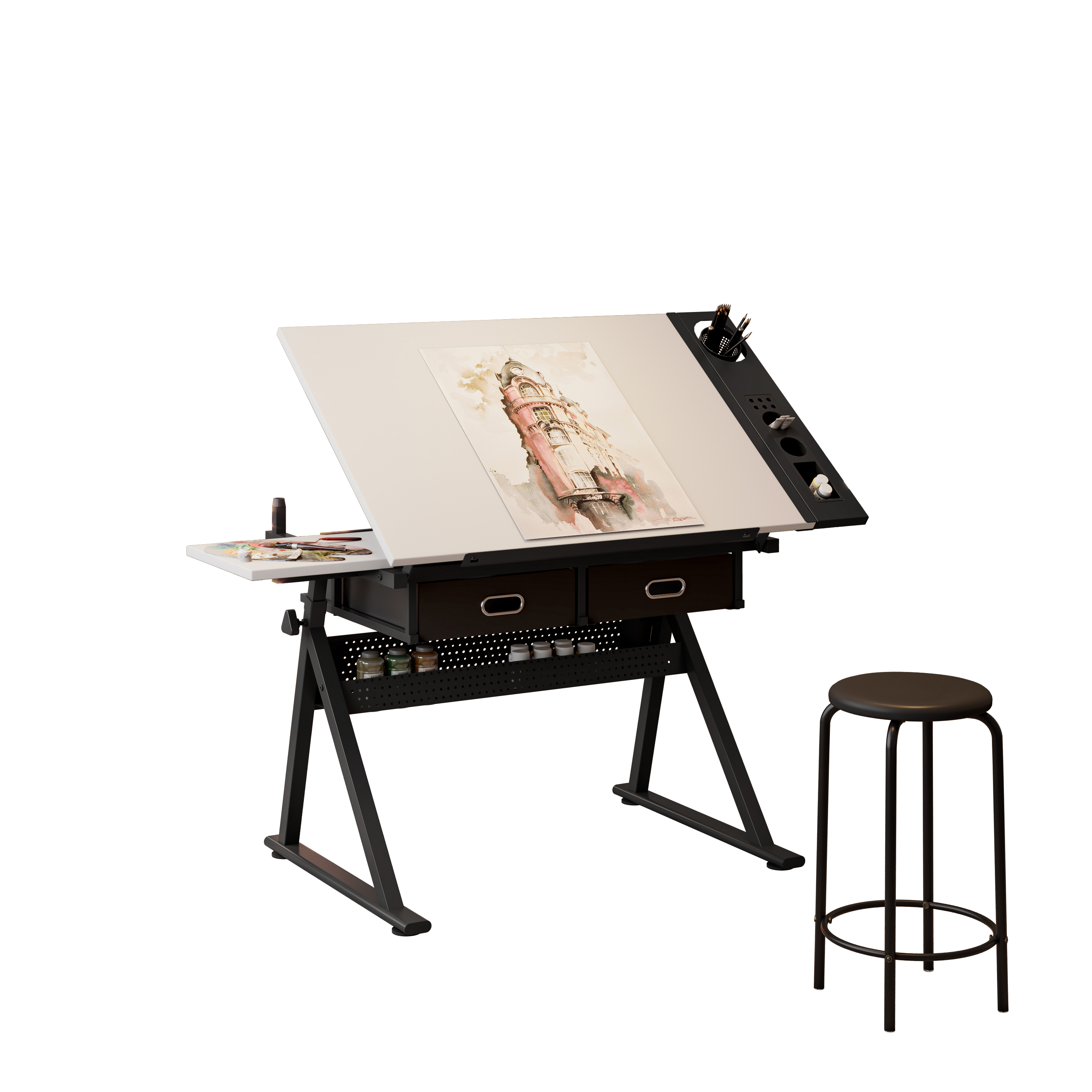 Adjustable Drawing Drafting Table Desk with 2 Drawers for Home Office