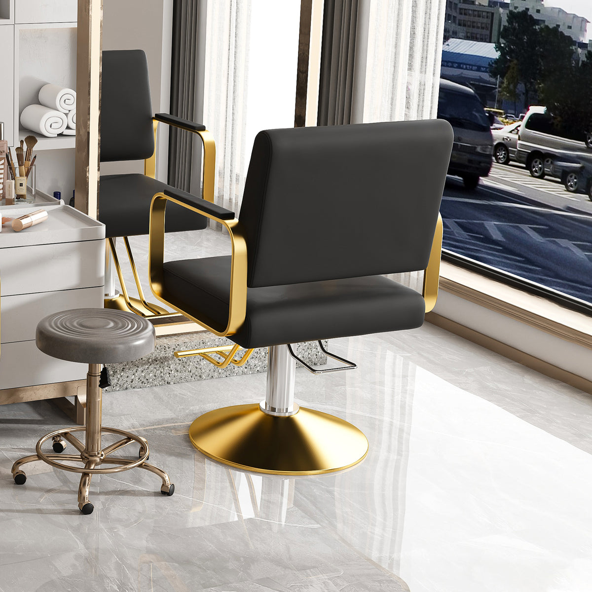 Hydraulic Salon Chair, 360° Swivel, Non-Tilting, Black and Gold