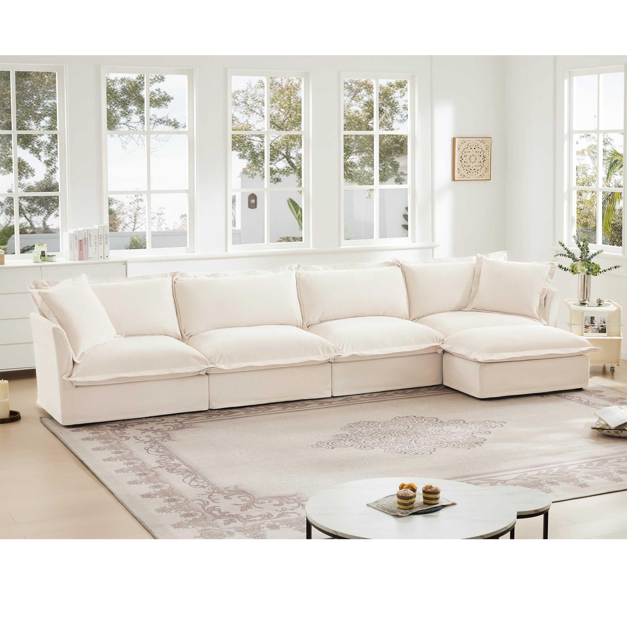 Slipcovered L Shape Sectional Long Sofa Couch - 4 Seater