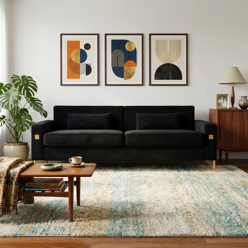 Luxury Velvet Sofa with Gold Metal Accents