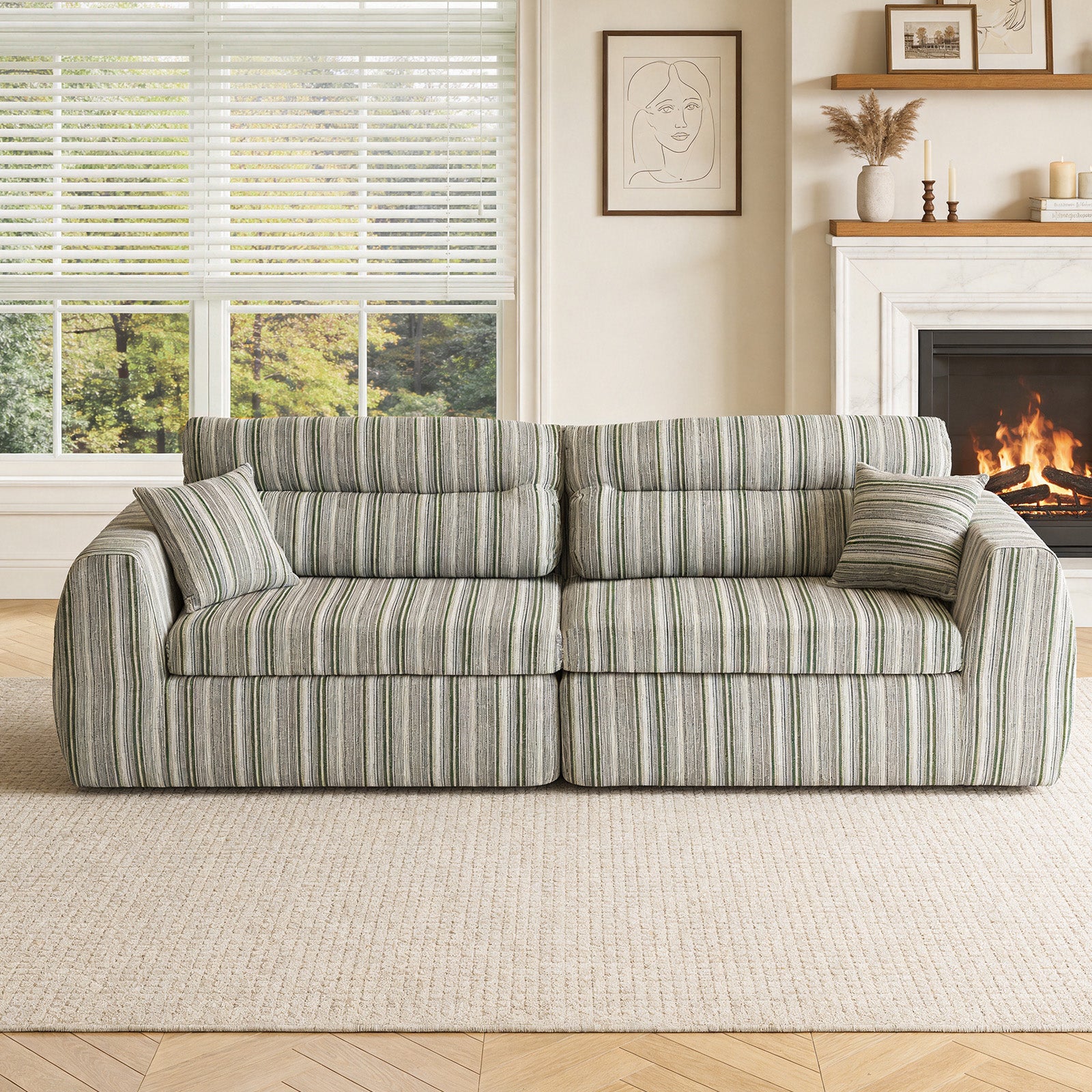 Woven Chenille Striped Compression Sofa - Straight Row Compact Couch