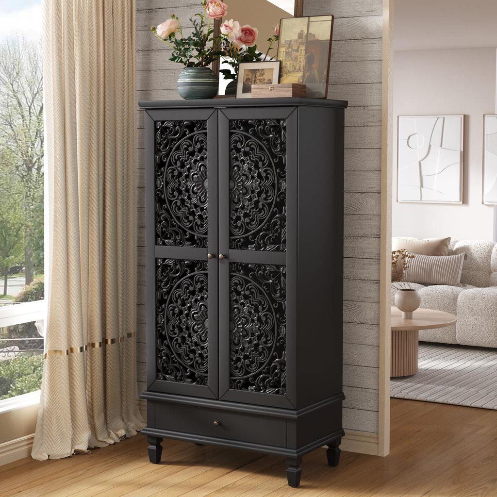 Rustic 55-Inch Tall Storage Cabinet with Drawer, Black