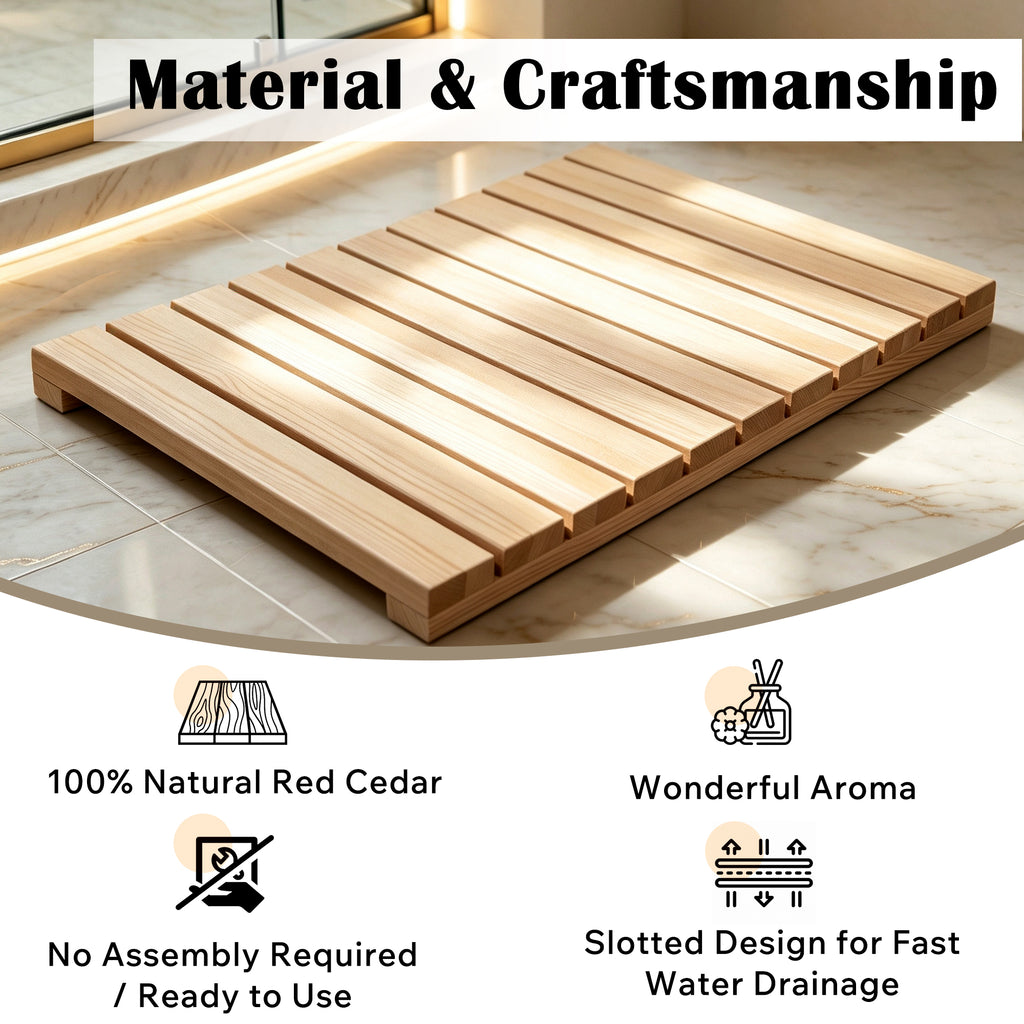 Cedar Wood Shower Mat - Non-Slip Slatted Wooden Bath Mat