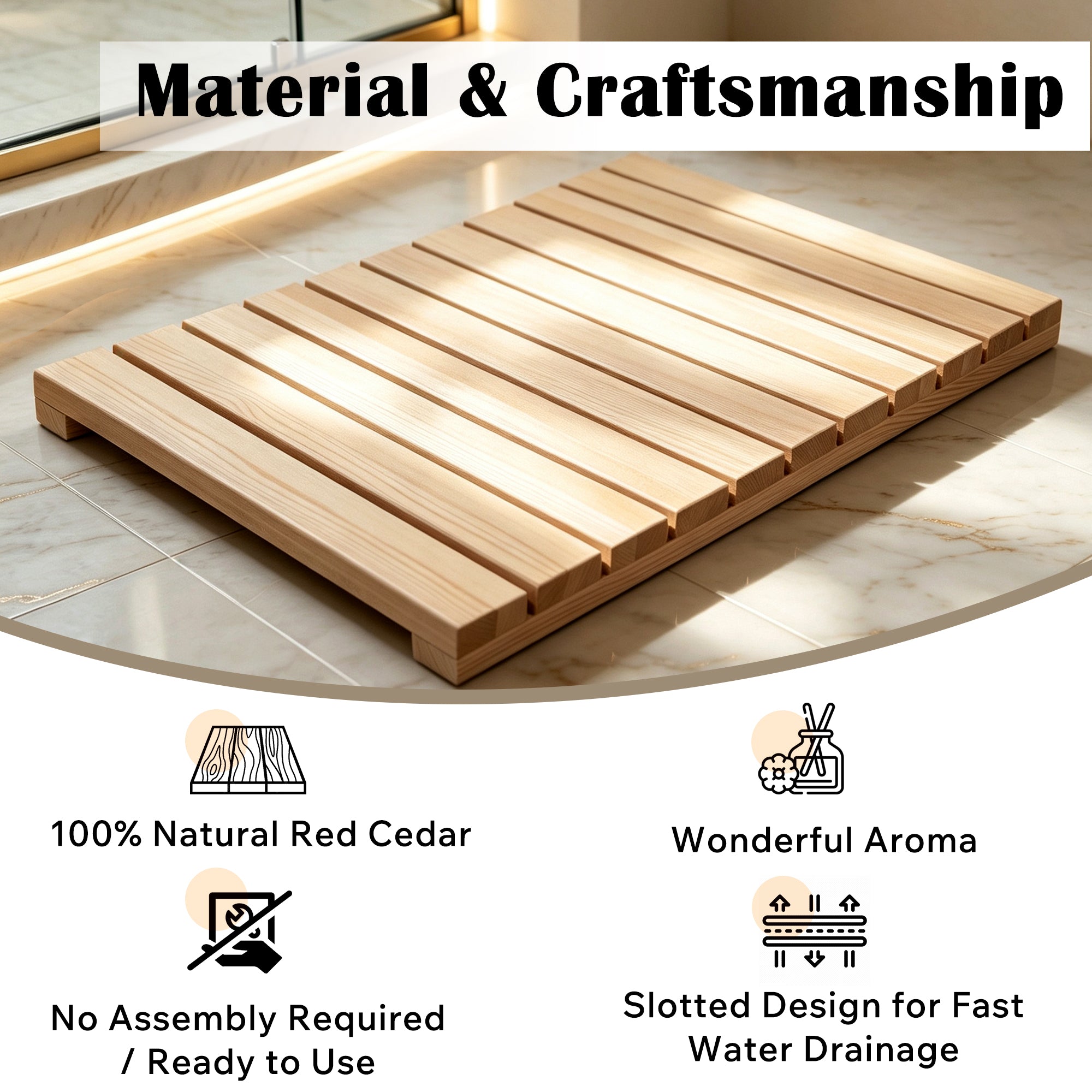 Cedar Wood Shower Mat - Non-Slip Slatted Wooden Bath Mat