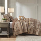 6 Piece Jacquard Quilt Set with Throw Pillows Brown/Gold King/Cal King