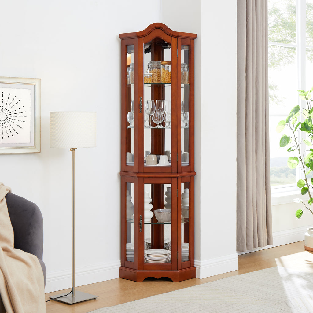 Corner Curio Cabinet with Lights, Adjustable Shelves, and Mirrored Back