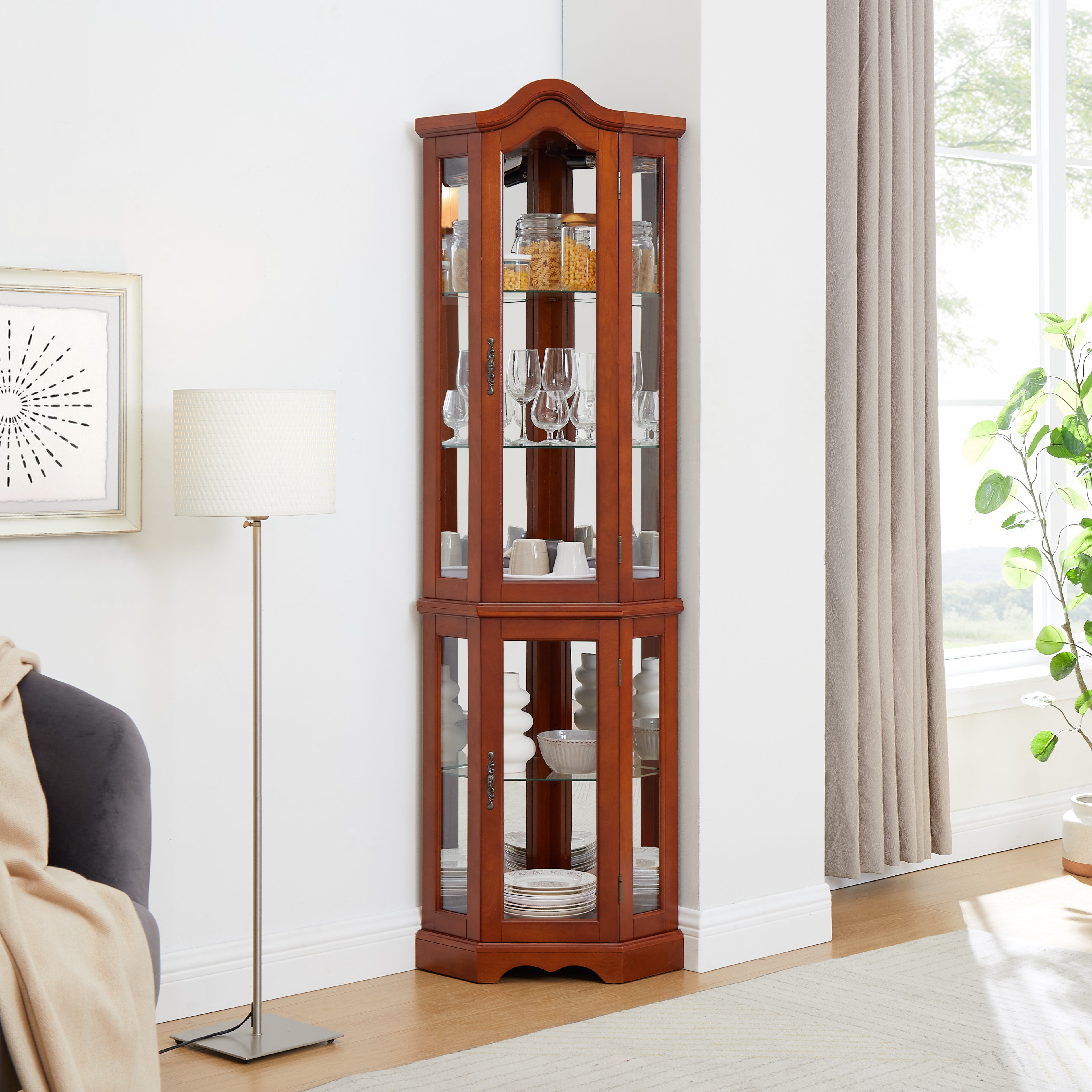 Corner Curio Cabinet with Lights, Adjustable Shelves, and Mirrored Back