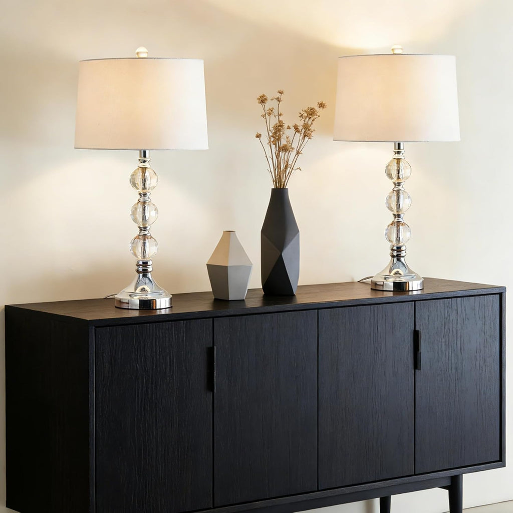 27.5-Inch Crystal Table Lamps Set of 2, 3-Way Dimmable, Nickel