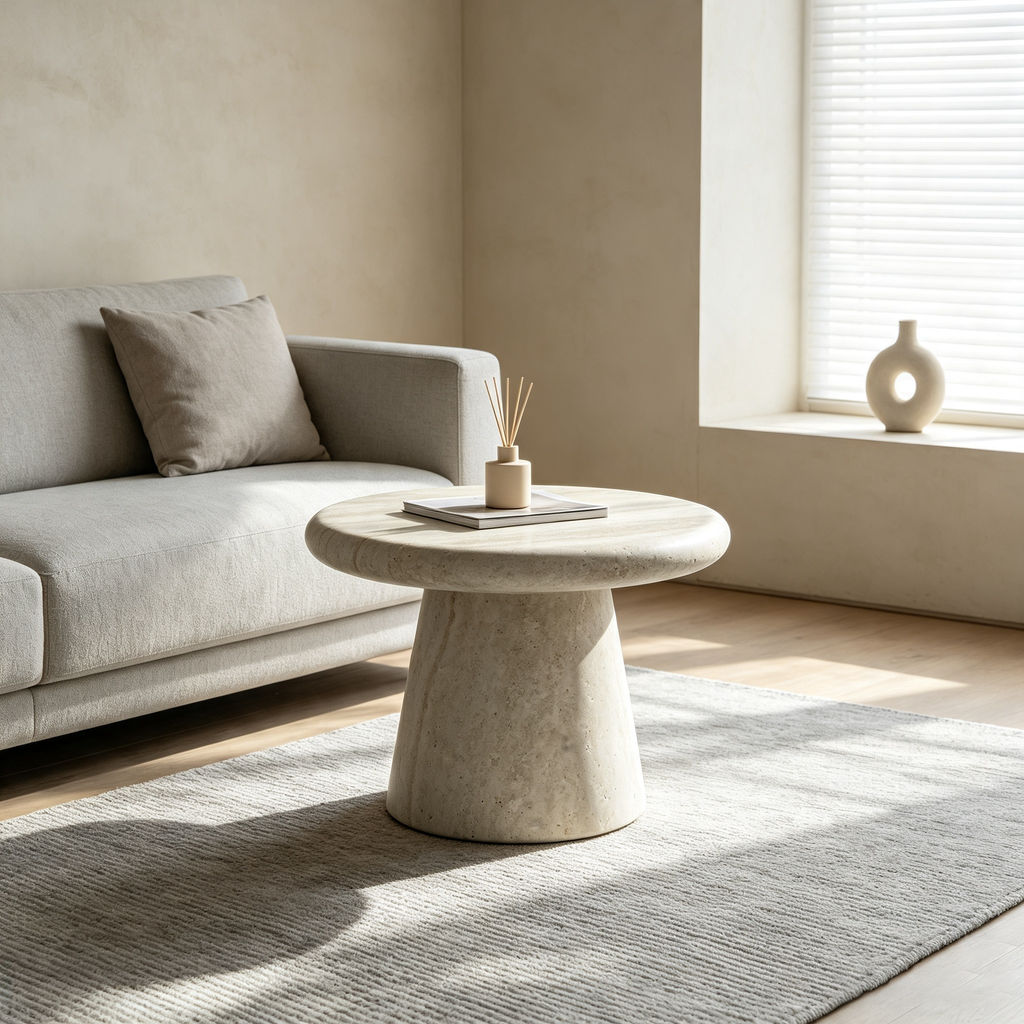 Round Fiberglass Travertine Print Coffee Table, 21.65-Inch, Low Profile