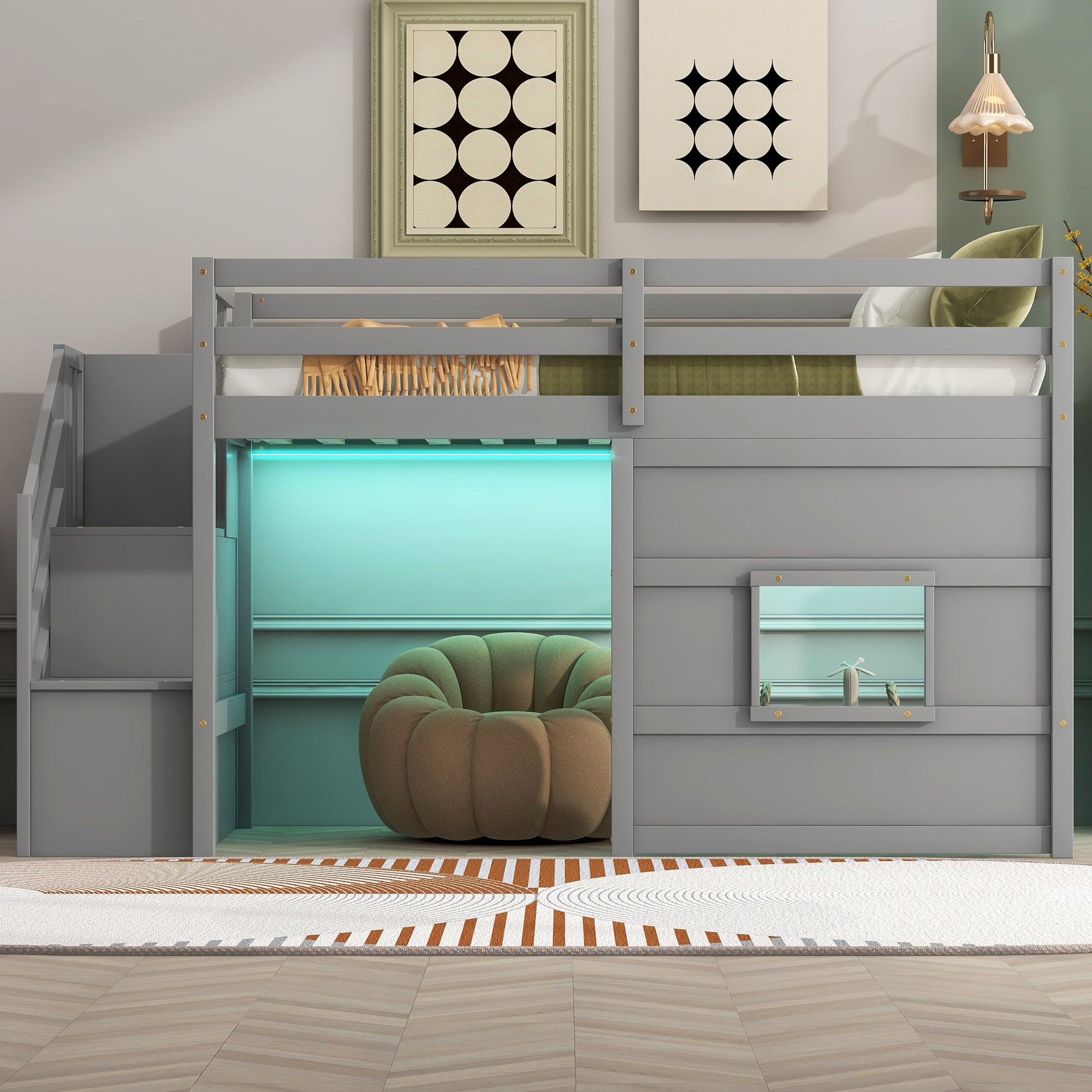 Twin Size Loft Bed with Storage Staircase and Window