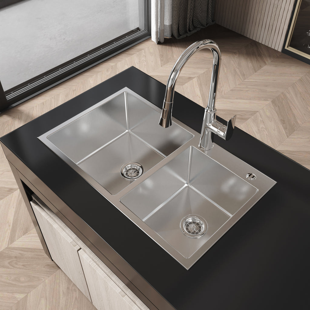 Stainless Steel Kitchen Sink, 32″x19″ Double Bowl in Brushed Nickel
