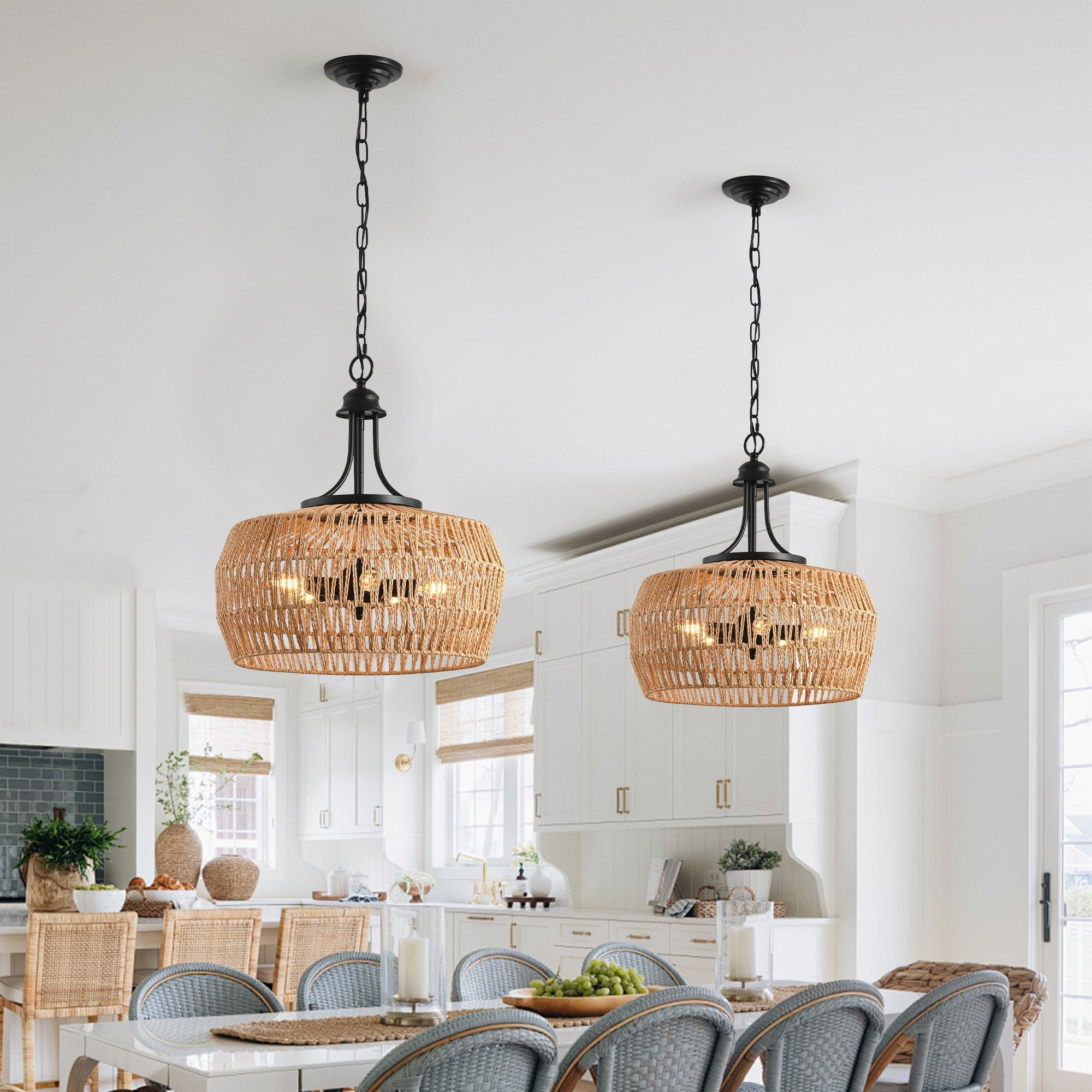 19' Boho Hemp Rope Pendant Light, Hand-Woven Jute Hanging Lamp