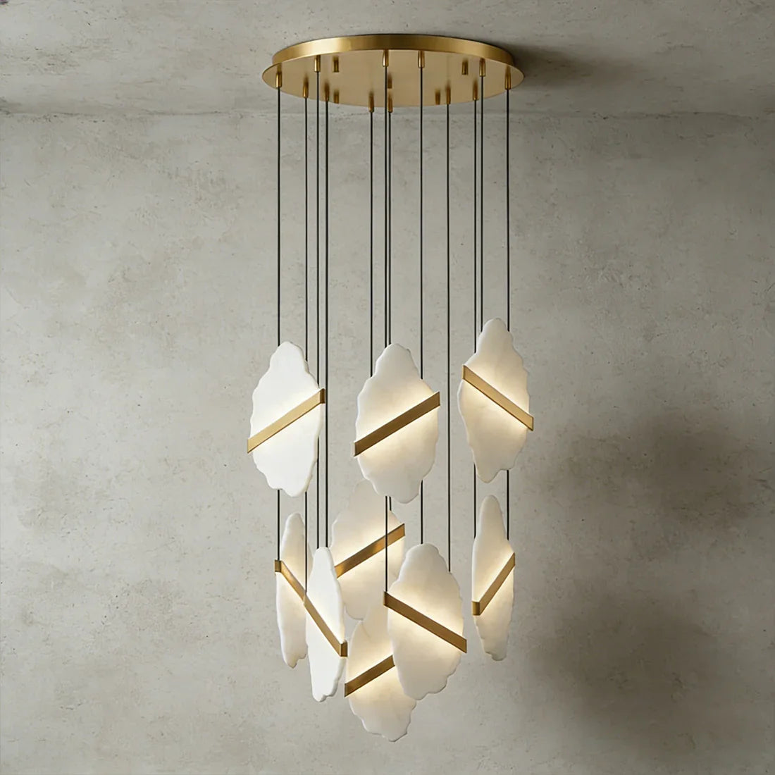 Cascading Alabaster Chandelier LED Gold Modern Staircase Light