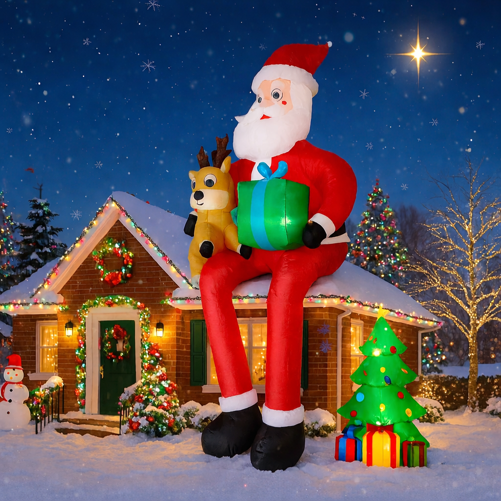 9.5FT Inflatable Christmas Santa Claus with Reindeer LED Outdoor Yard Decor