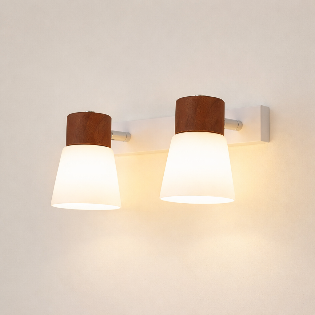 Minimalist Wooden Wall Lamp Double Head Glass Bedside Sconce Bedroom