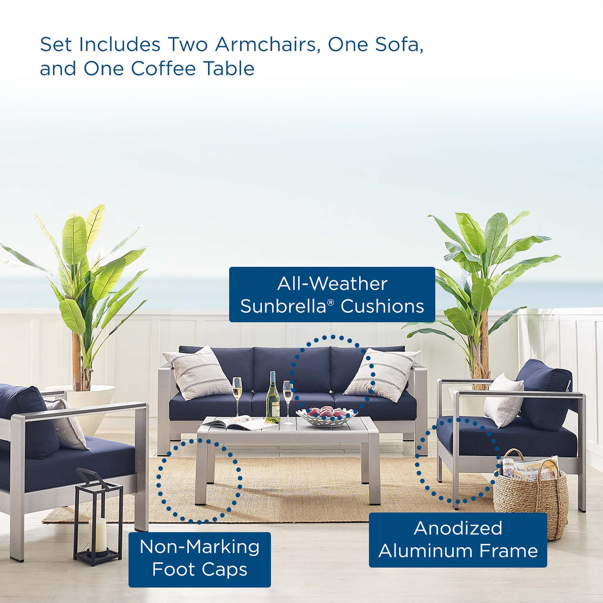 Shore 4 Piece Sunbrella® Fabric Outdoor Patio Aluminum Set by Modway