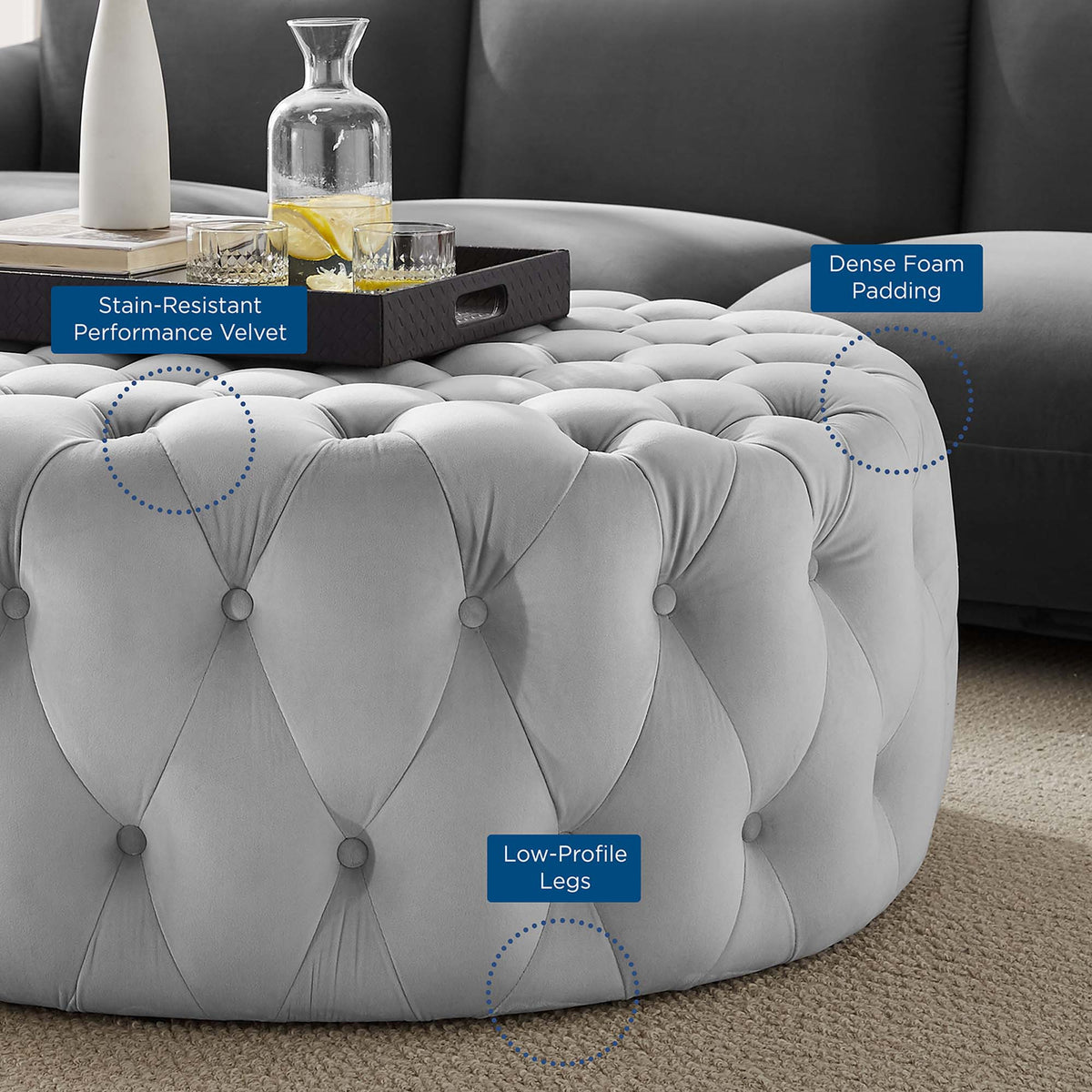 Amour Tufted Button Large Round Performance Velvet Ottoman by Modway