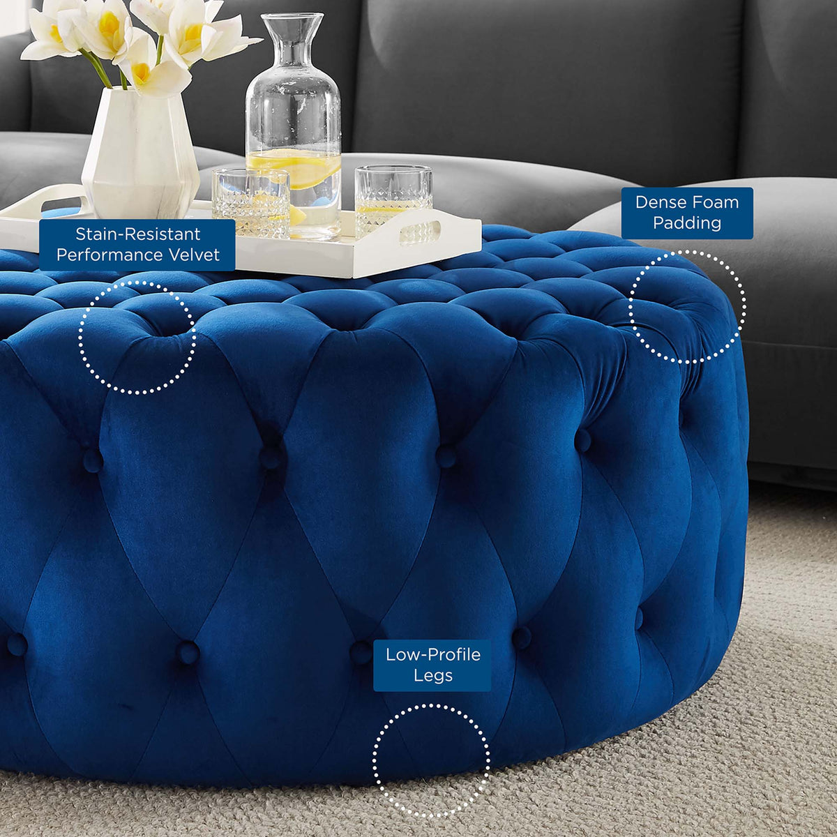 Amour Tufted Button Large Round Performance Velvet Ottoman by Modway