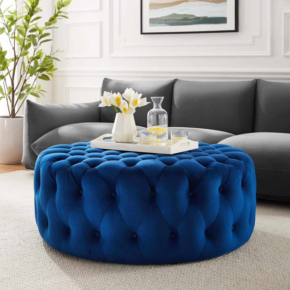 Amour Tufted Button Large Round Performance Velvet Ottoman by Modway