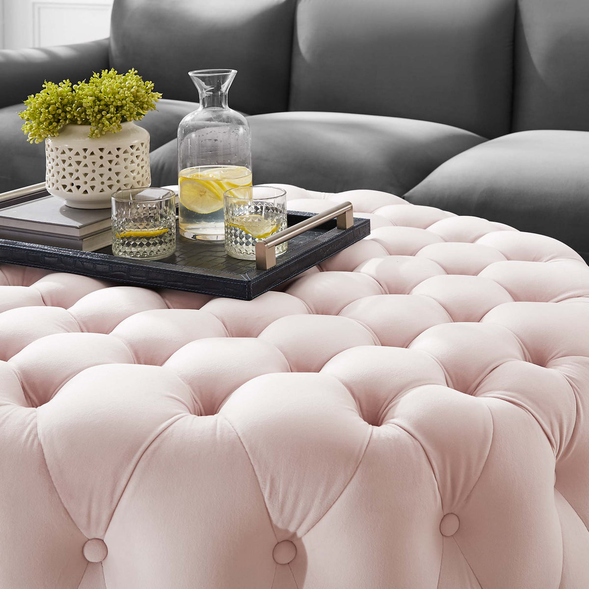 Amour Tufted Button Large Round Performance Velvet Ottoman by Modway