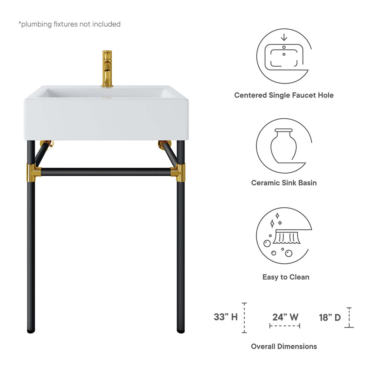 Redeem 24" Wall-Mount Black Stainless Steel Bathroom Vanity by Modway