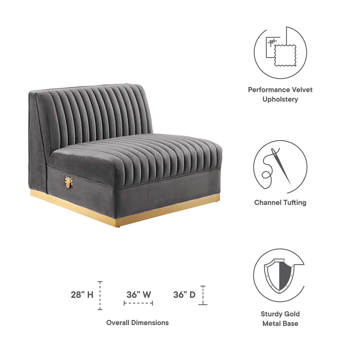 Sanguine Channel Tufted Performance Velvet Modular Sectional Sofa Armless Chair by Modway