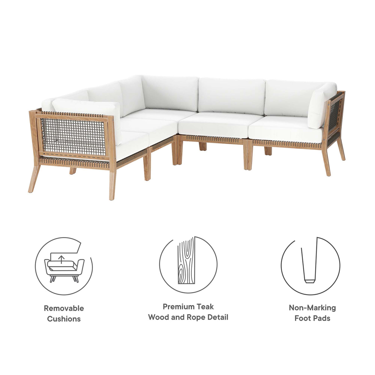 Clearwater 5-Piece Outdoor Patio Teak Wood Sectional Sofa by Modway