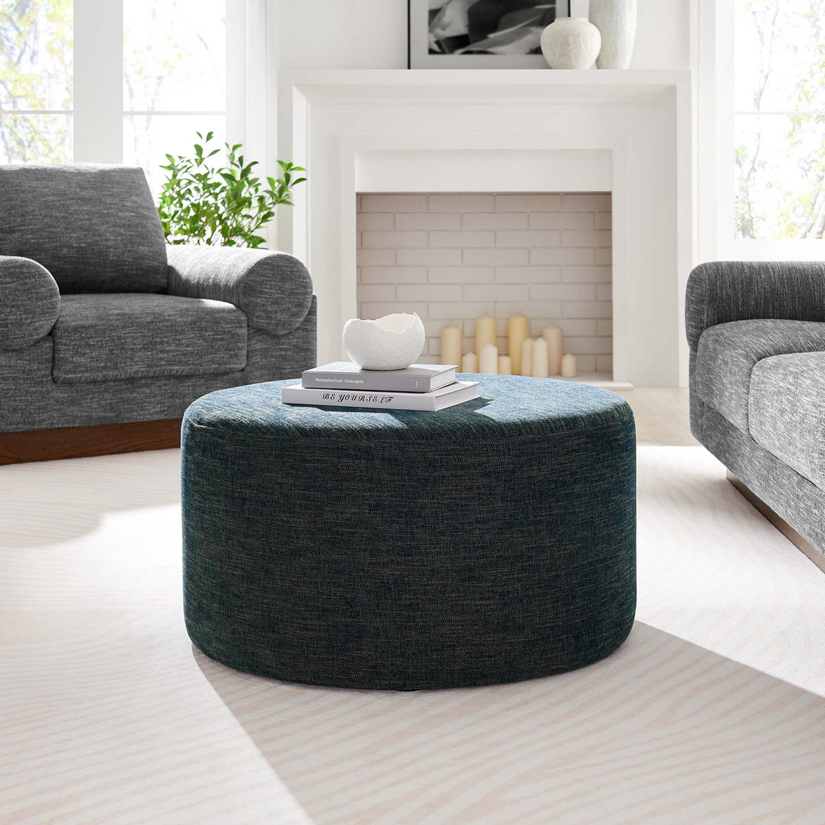 Callum Large Round Woven Heathered Fabric Upholstered Ottoman by Modway