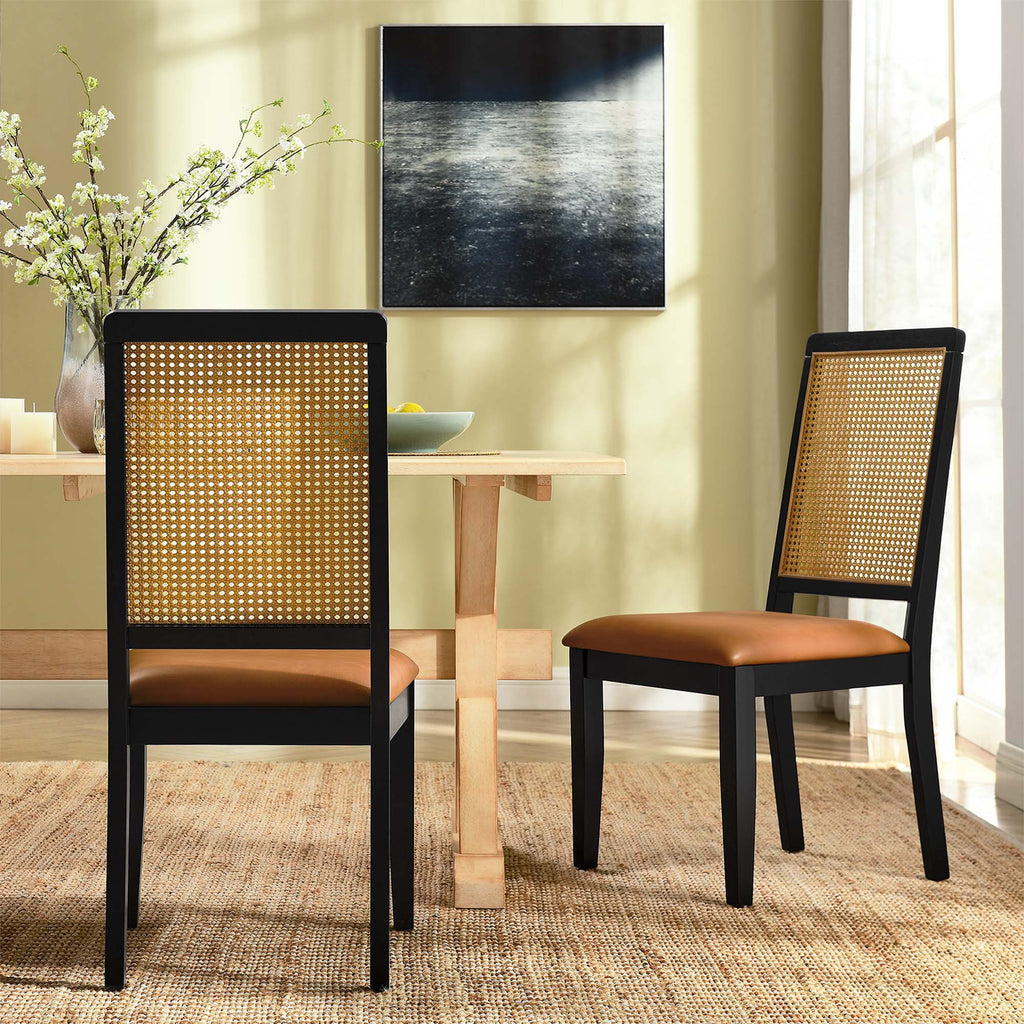Arlo Vegan Leather Upholstered Faux Rattan and Wood Dining Side Chairs Set of 2 by Modway