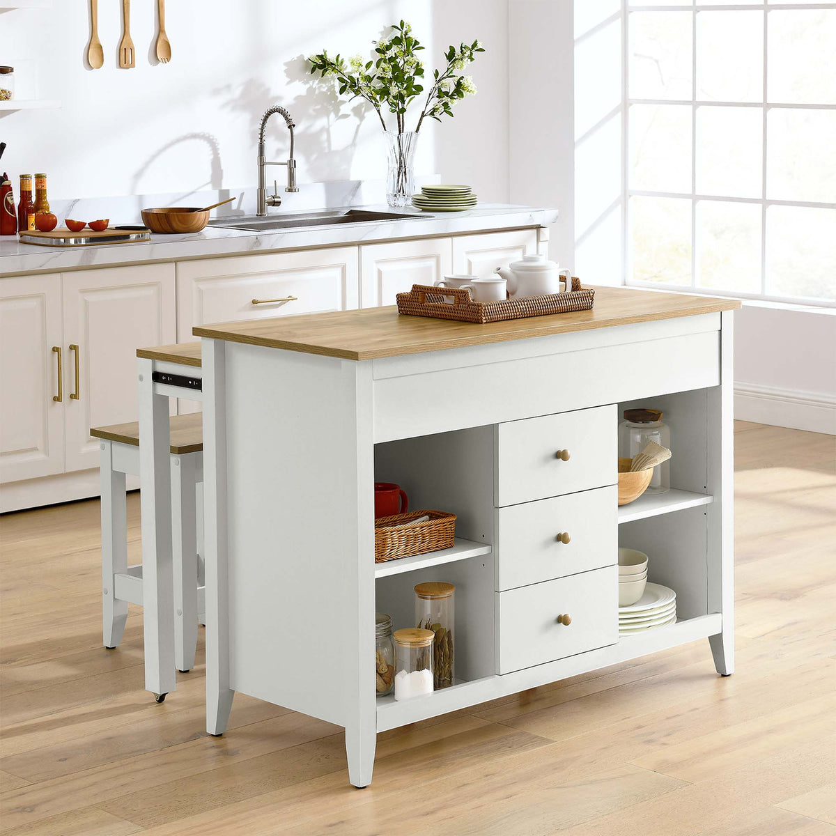 Farmstead 3-Piece Kitchen Island and Stool Set by Modway
