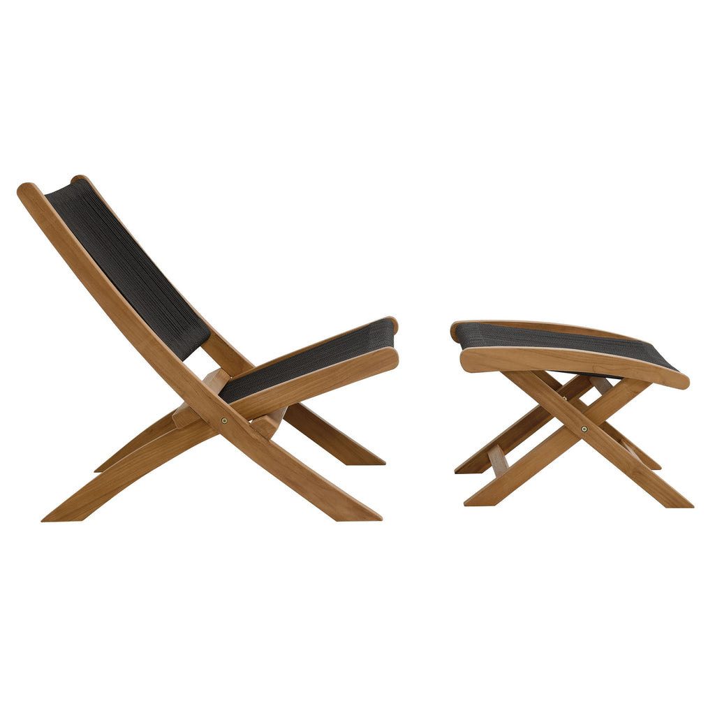 Vienna 2-Piece Outdoor Patio Teak and Rope Folding Accent Lounge Chair and Ottoman Set by Modway