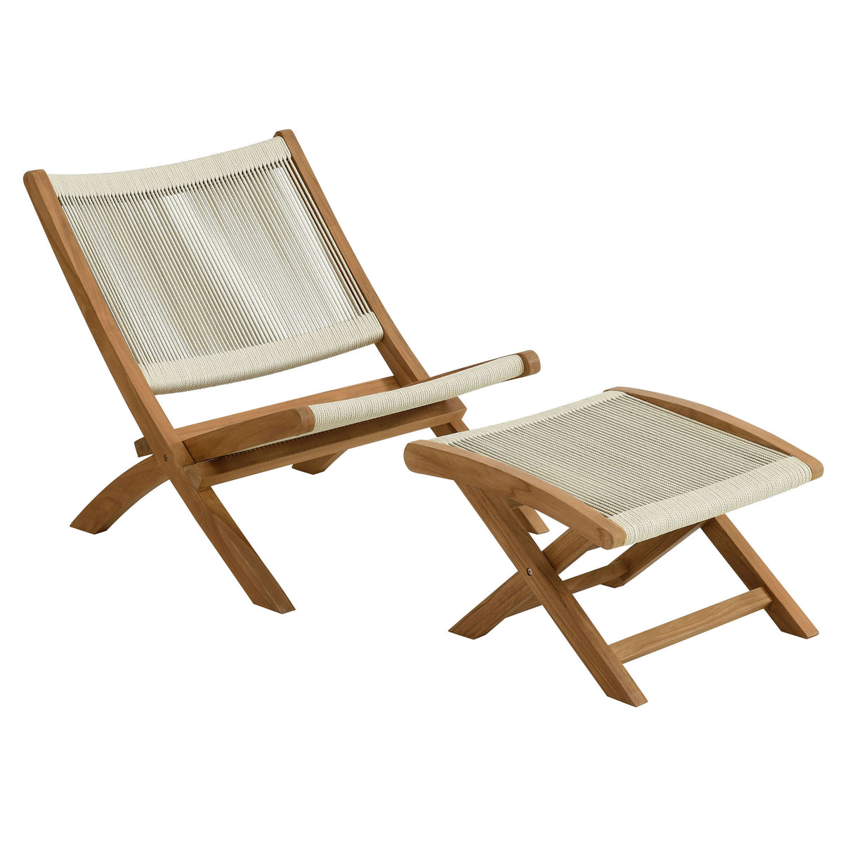 Vienna 2-Piece Outdoor Patio Teak and Rope Folding Accent Lounge Chair and Ottoman Set by Modway