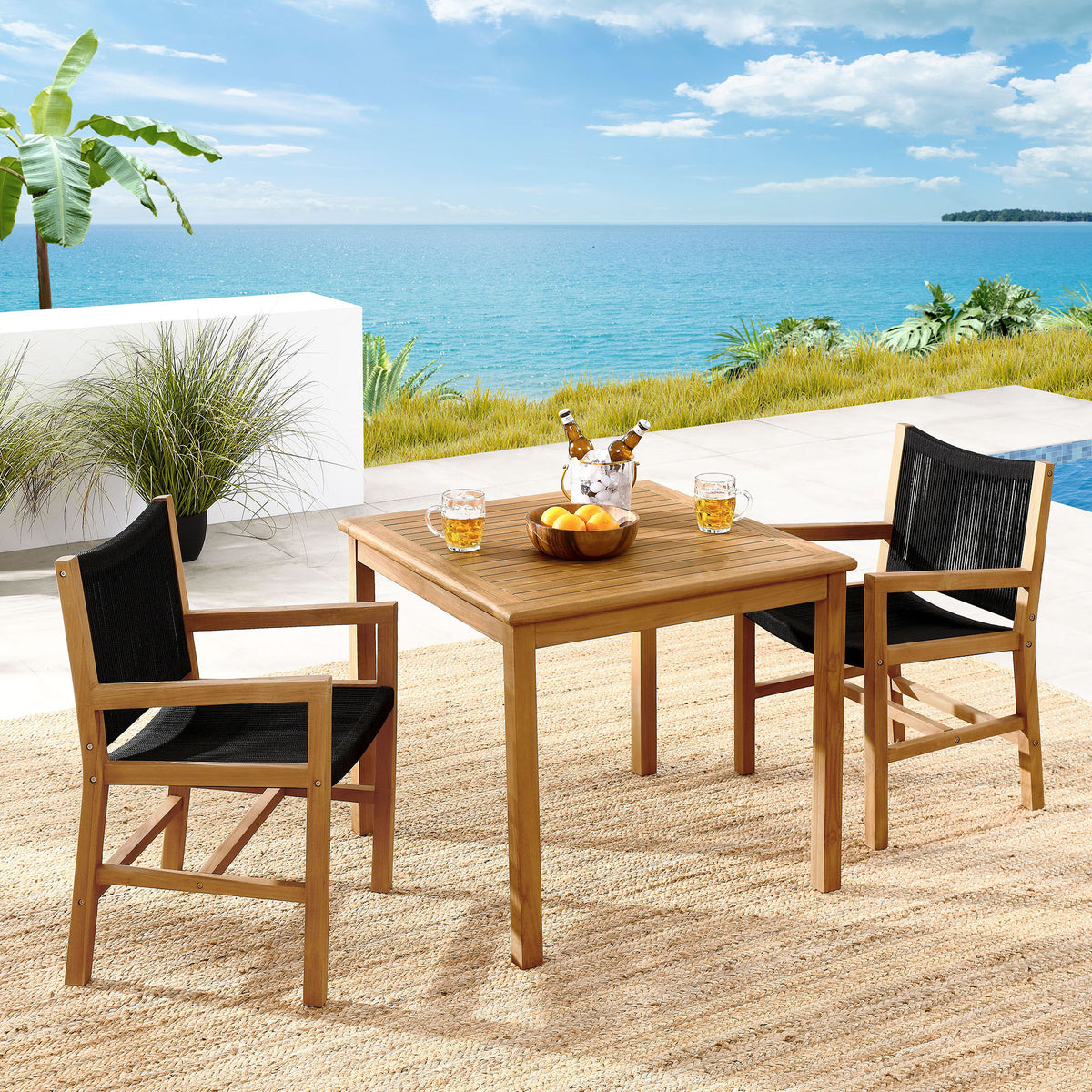 Vienna 3-Piece Outdoor Patio Teak and Rope Dining Set with Armchairs by Modway