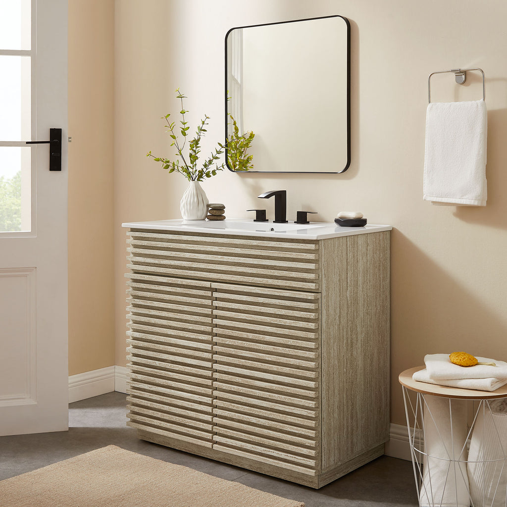 Render Faux Travertine Bathroom Vanity Cabinet (Sink Not Included) by Modway
