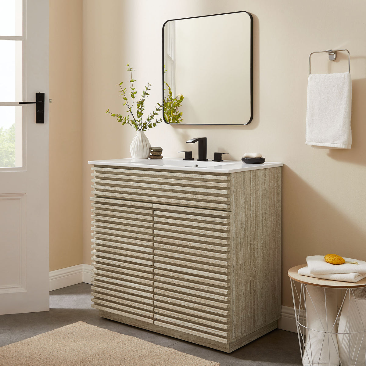 Render Faux Travertine Bathroom Vanity Cabinet (Sink Not Included) by Modway