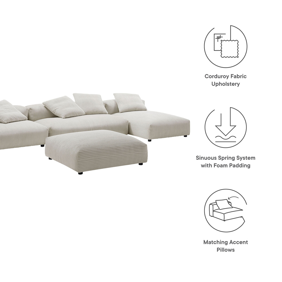 Solace 4-Piece Modular Corduroy Upholstered Sectional Sofa With Ottoman by Modway