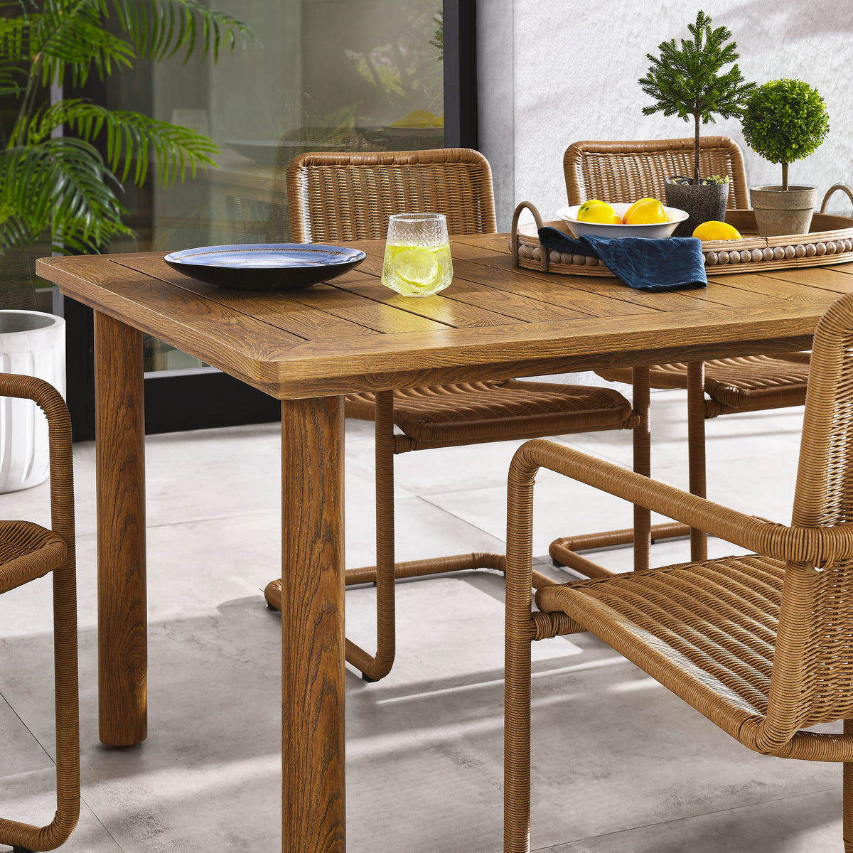 Abacus 7-Piece Rectangular Outdoor Patio Aluminum Dining Table Set with Rattan Armchairs by Modway
