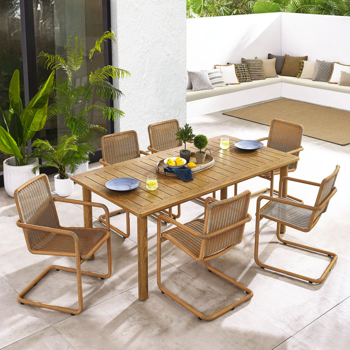 Abacus 7-Piece Rectangular Outdoor Patio Aluminum Dining Table Set with Rattan Armchairs by Modway