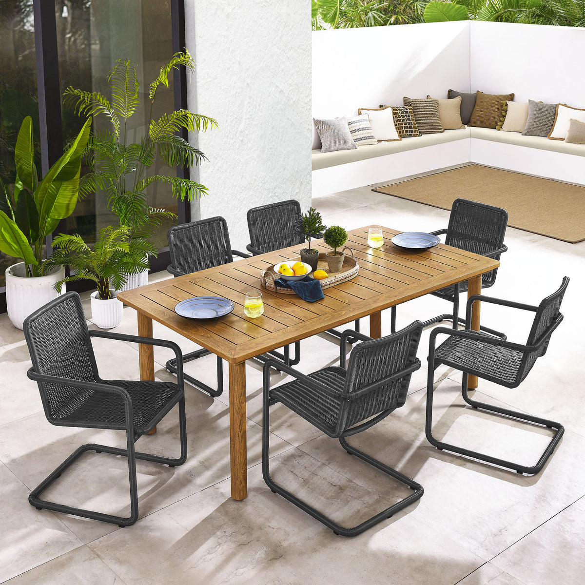 Abacus 7-Piece Rectangular Outdoor Patio Aluminum Dining Table Set with Rattan Armchairs by Modway