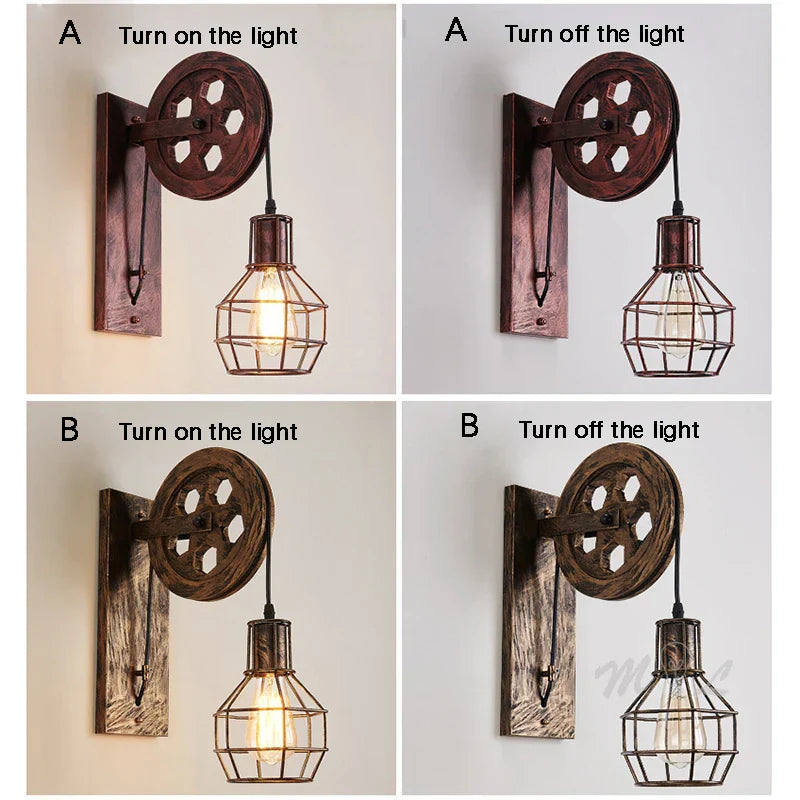 Vintage Industrial Pulley Wall Sconce LED Bedroom Mirror Retro Wall Light