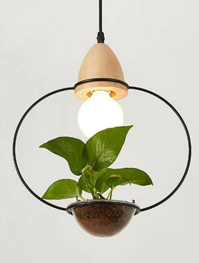 Art Deco LED Plant Pendant Light Wood Base Rustic Hanging Lamp for Dining Cafe Bar
