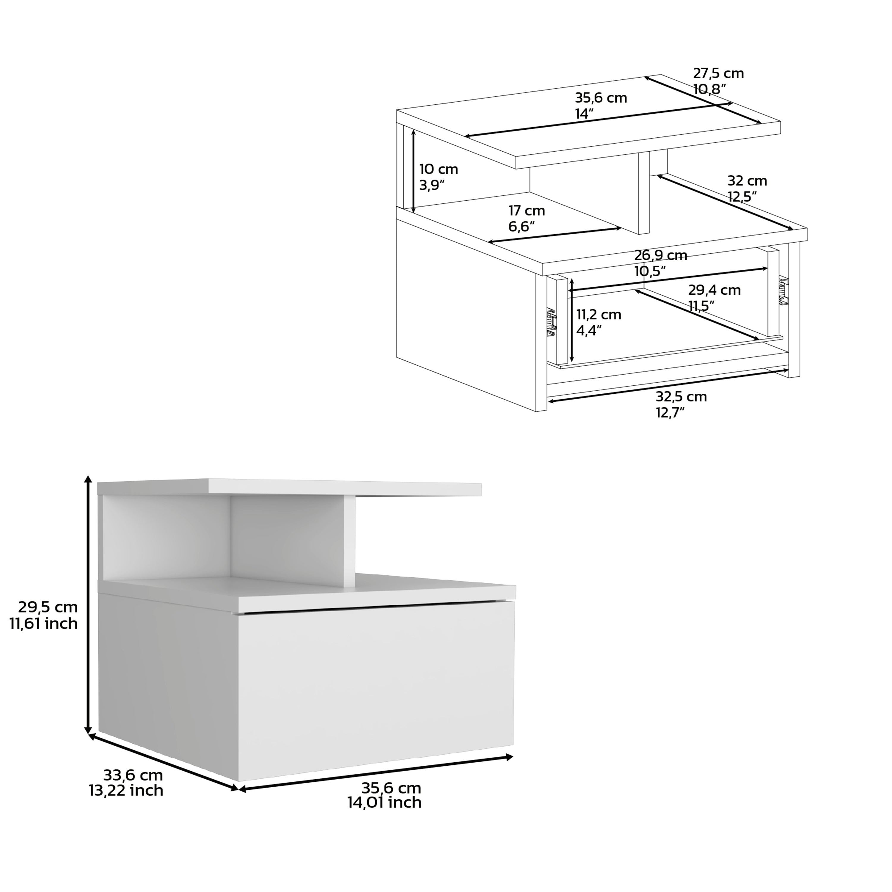 Floating Nightstand 12"H, Wall Mounted with Single Drawer and 2-Tier Shelf