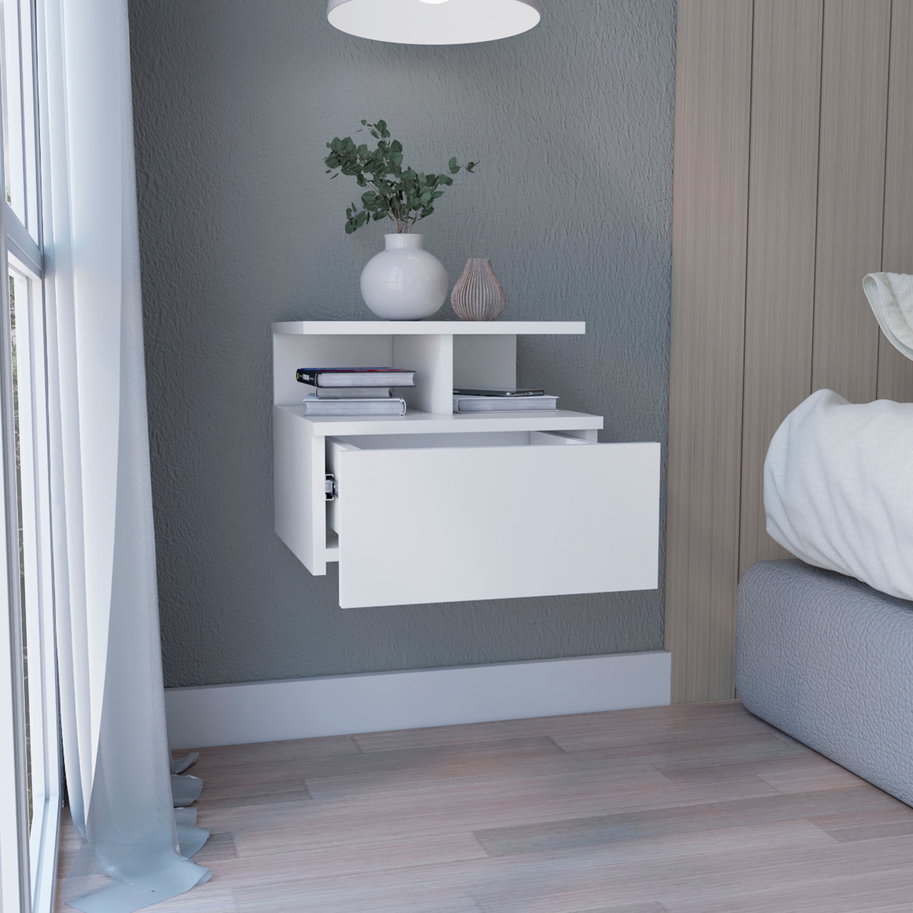 Floating Nightstand 12"H, Wall Mounted with Single Drawer and 2-Tier Shelf