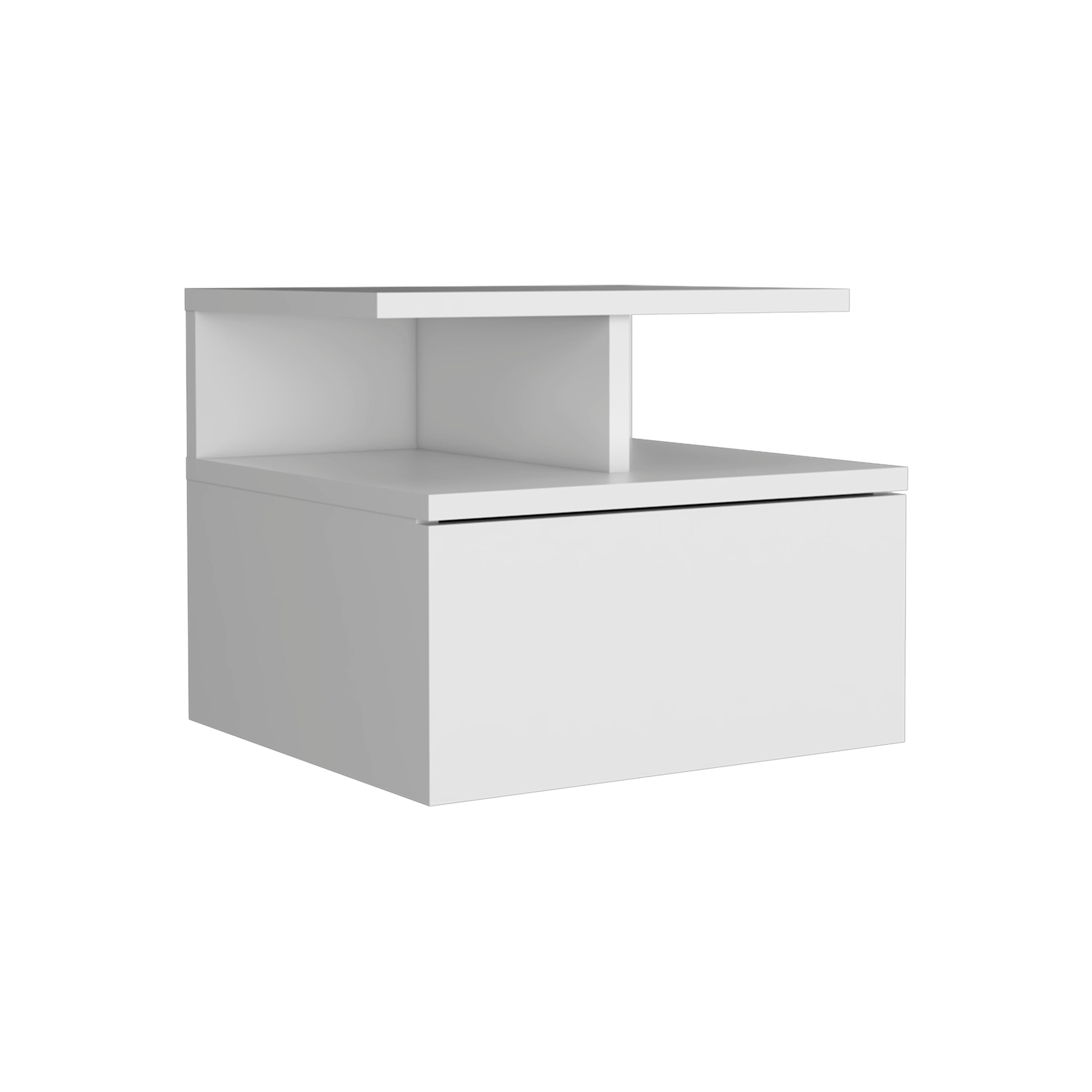 Floating Nightstand 12"H, Wall Mounted with Single Drawer and 2-Tier Shelf