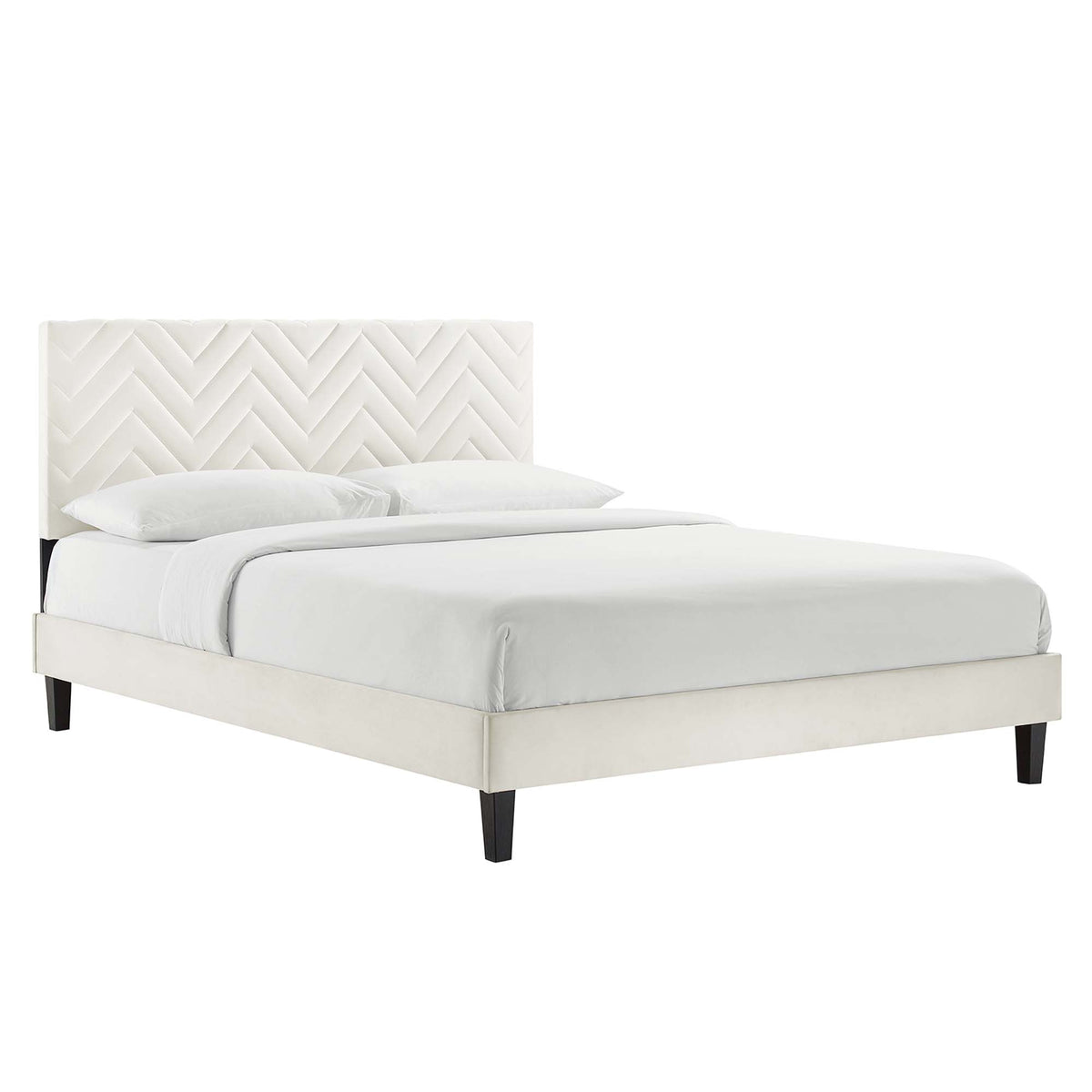Leah Tapered Wood Leg Chevron Tufted Performance Velvet Queen Platform Bed by Modway